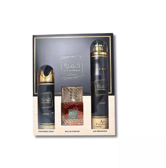 Lattafa Khamrah para Unisex Juego de Regalo de 3 Piezas (3.4 fl oz EDP + 6.67 fl oz Deo + 10.14 fl oz Ambientador)