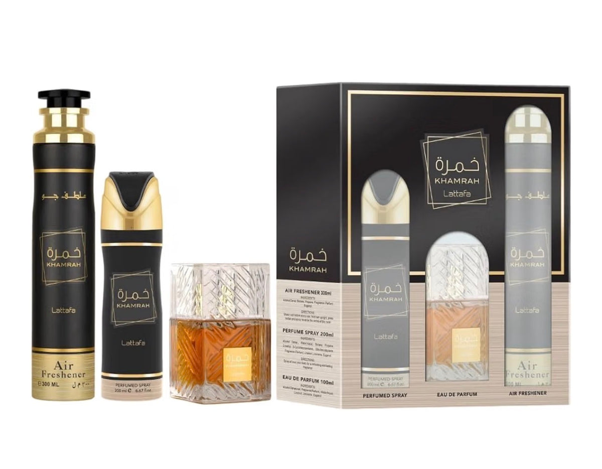 Lattafa Khamrah para Unisex Juego de Regalo de 3 Piezas (3.4 fl oz EDP + 6.67 fl oz Deo + 10.14 fl oz Ambientador)